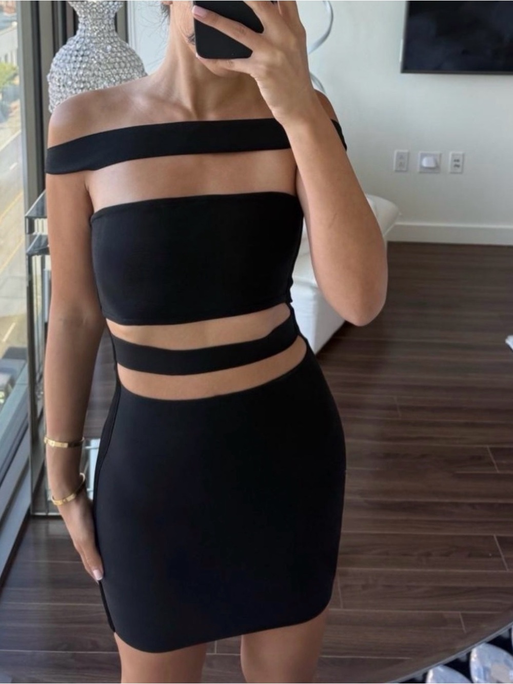 Black Off-Shoulder Cutout Mini Dress